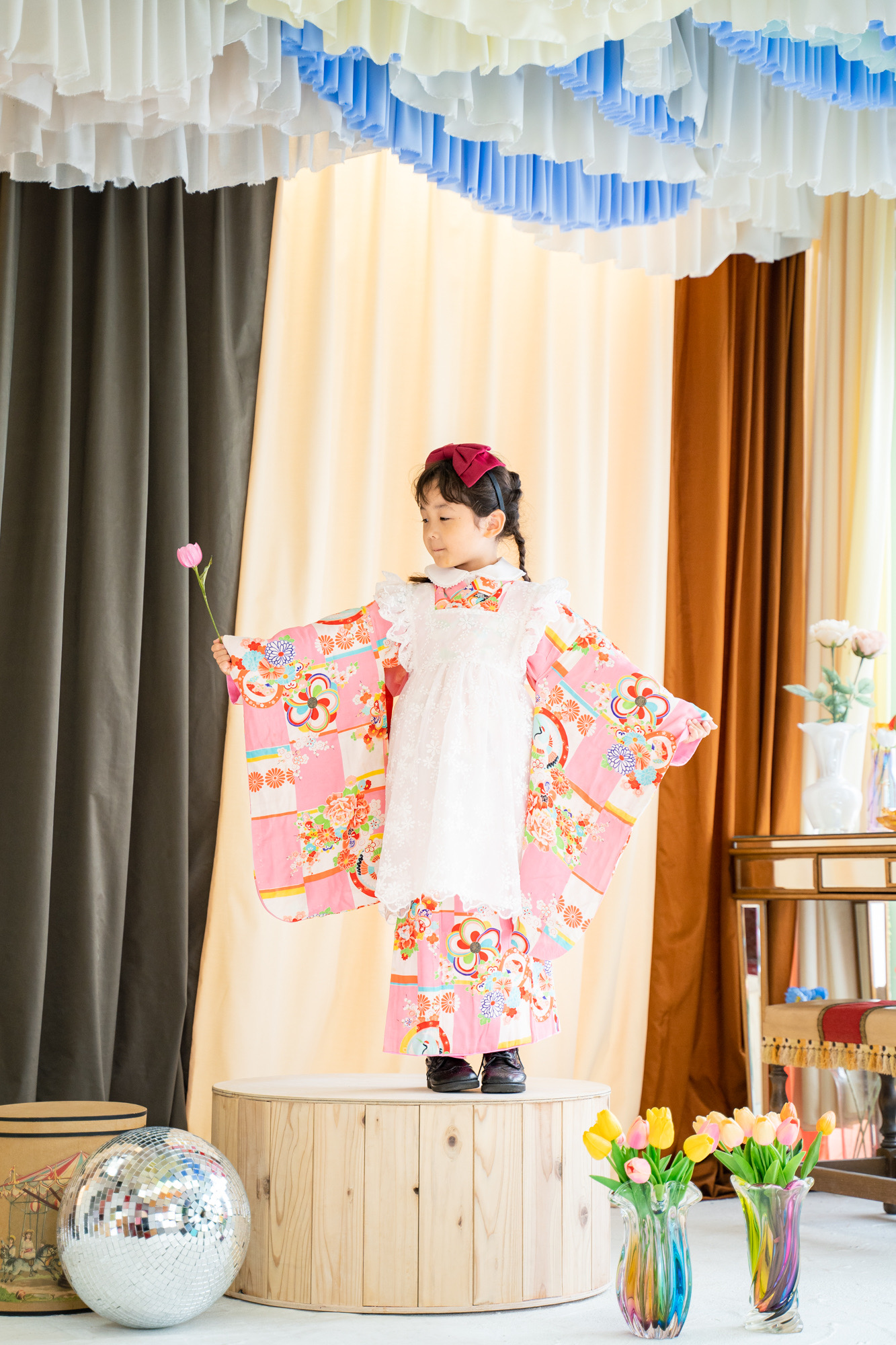 女の子向け着物とエプロンのコーディネート作例