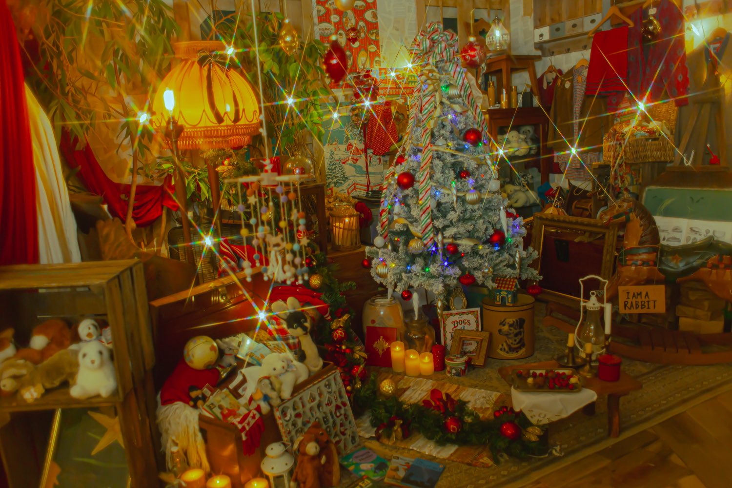過去のクリスマス内装。光とクリスマス小物を重ねた撮影セット